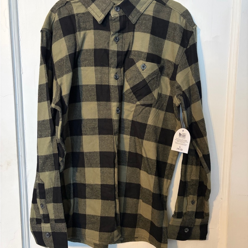Wonder Nation Kids Olive and Black Checkered Button Down Shirt